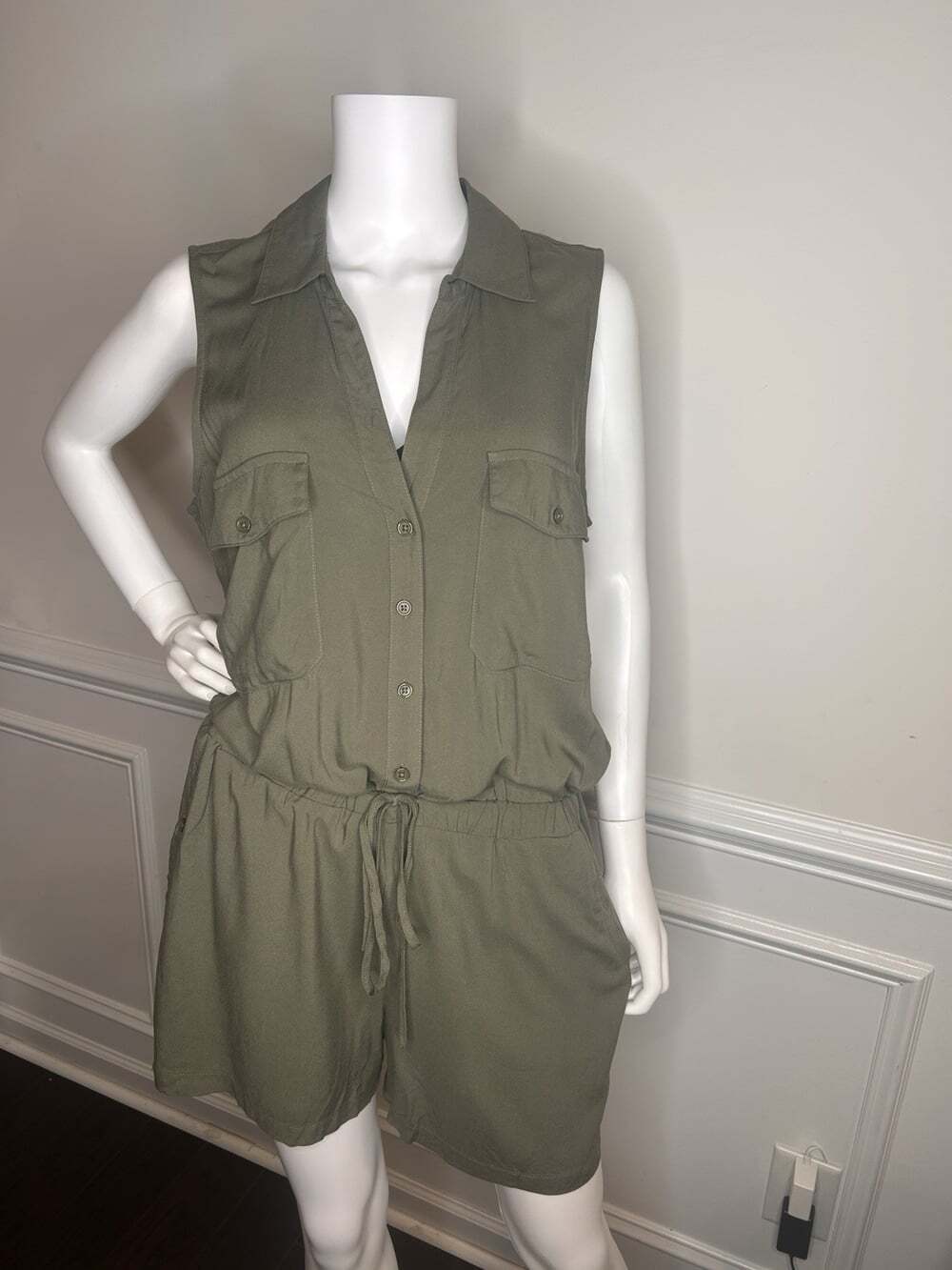 Lascana Sleeveless Drawstring Romper, Olive Green, Sz.12 - Picture 13 of 15